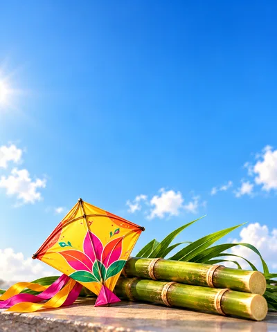 Makar Sankranti Kite and Sugarcane Stalks
