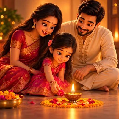 Indian Family Celebrating Diwali With Traditional Oil Lamp
