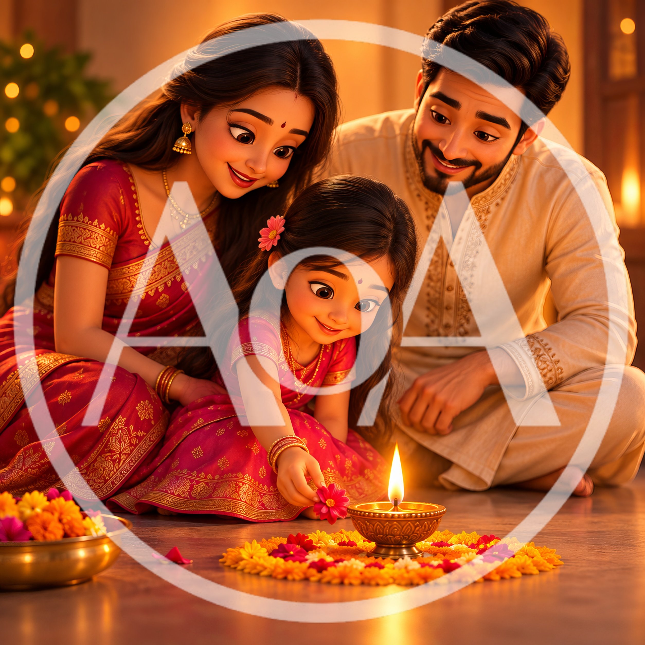 Indian Family Celebrating Diwali With Traditional Oil Lamp