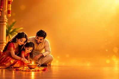 Indian Family Lighting Diya Lamp for Diwali Celebration