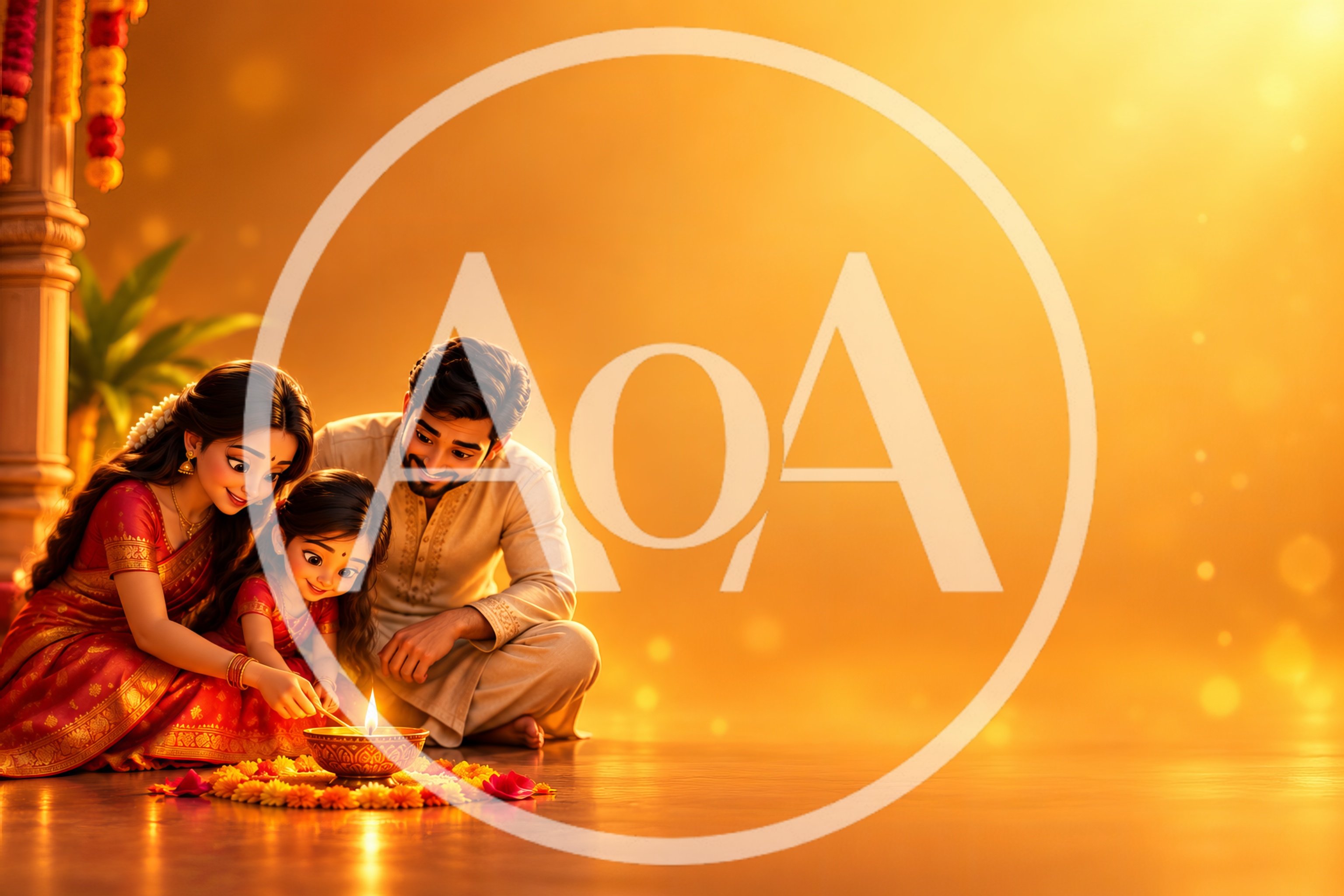 Indian Family Lighting Diya Lamp for Diwali Celebration