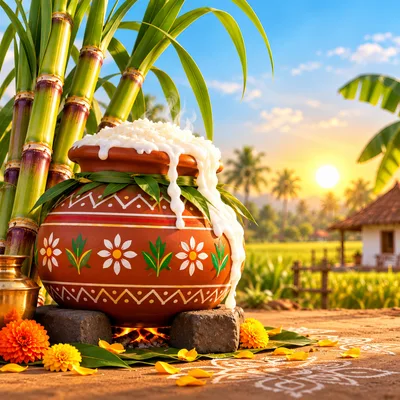Traditional Pongal Festival Celebration With Boiling Rice Pot
