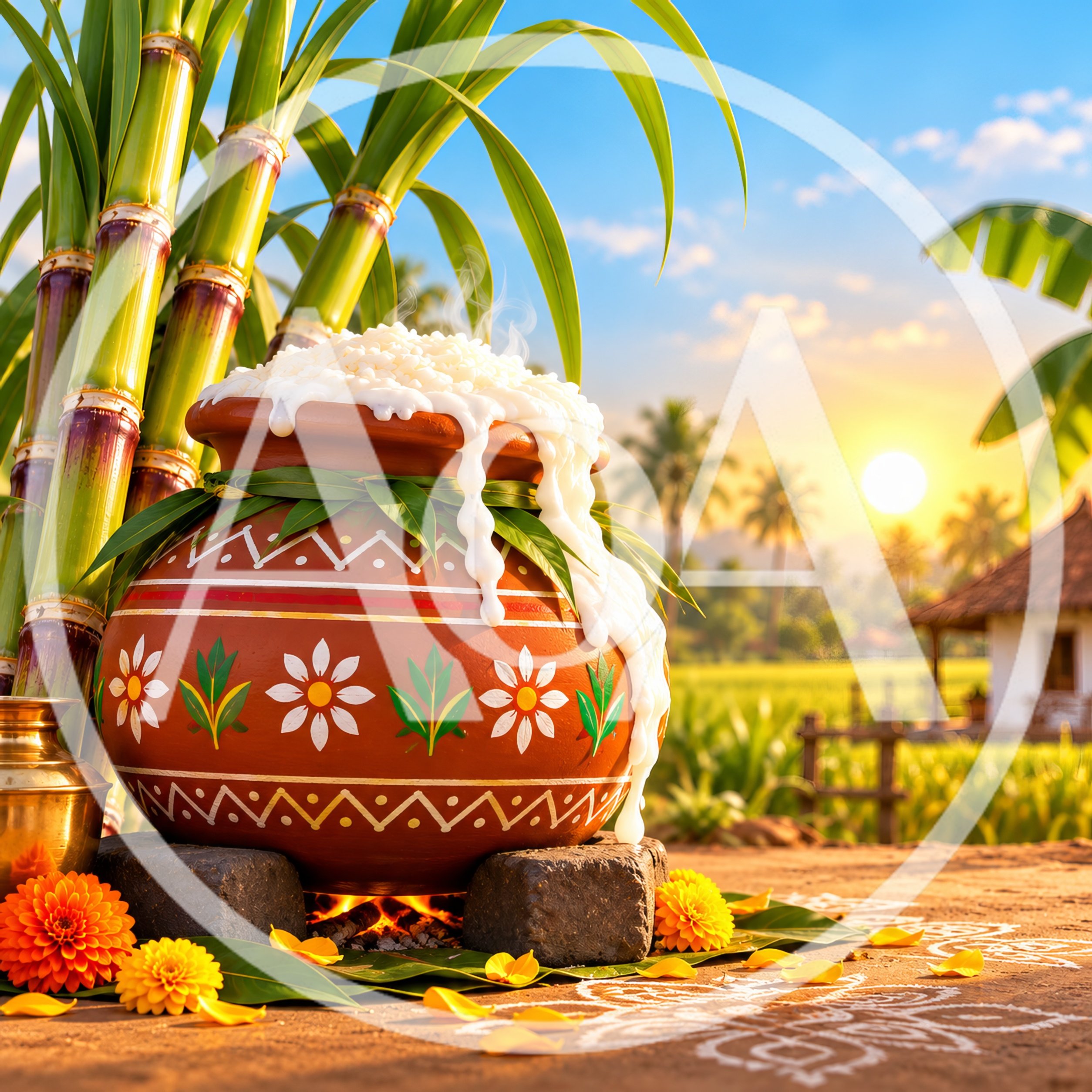 Traditional Pongal Festival Celebration With Boiling Rice Pot