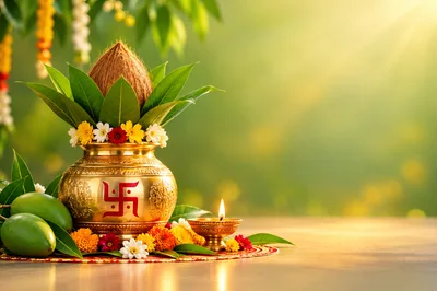 Traditional Kalash With Coconut And Diya For Hindu Festival