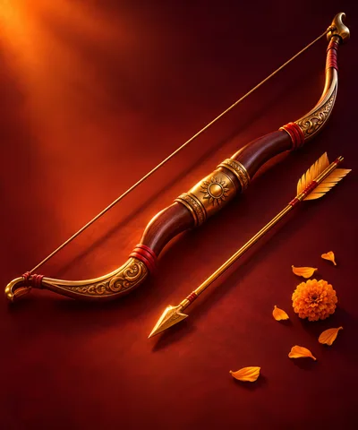 Ornate Traditional Indian Bow and Arrow with Marigold Flowers