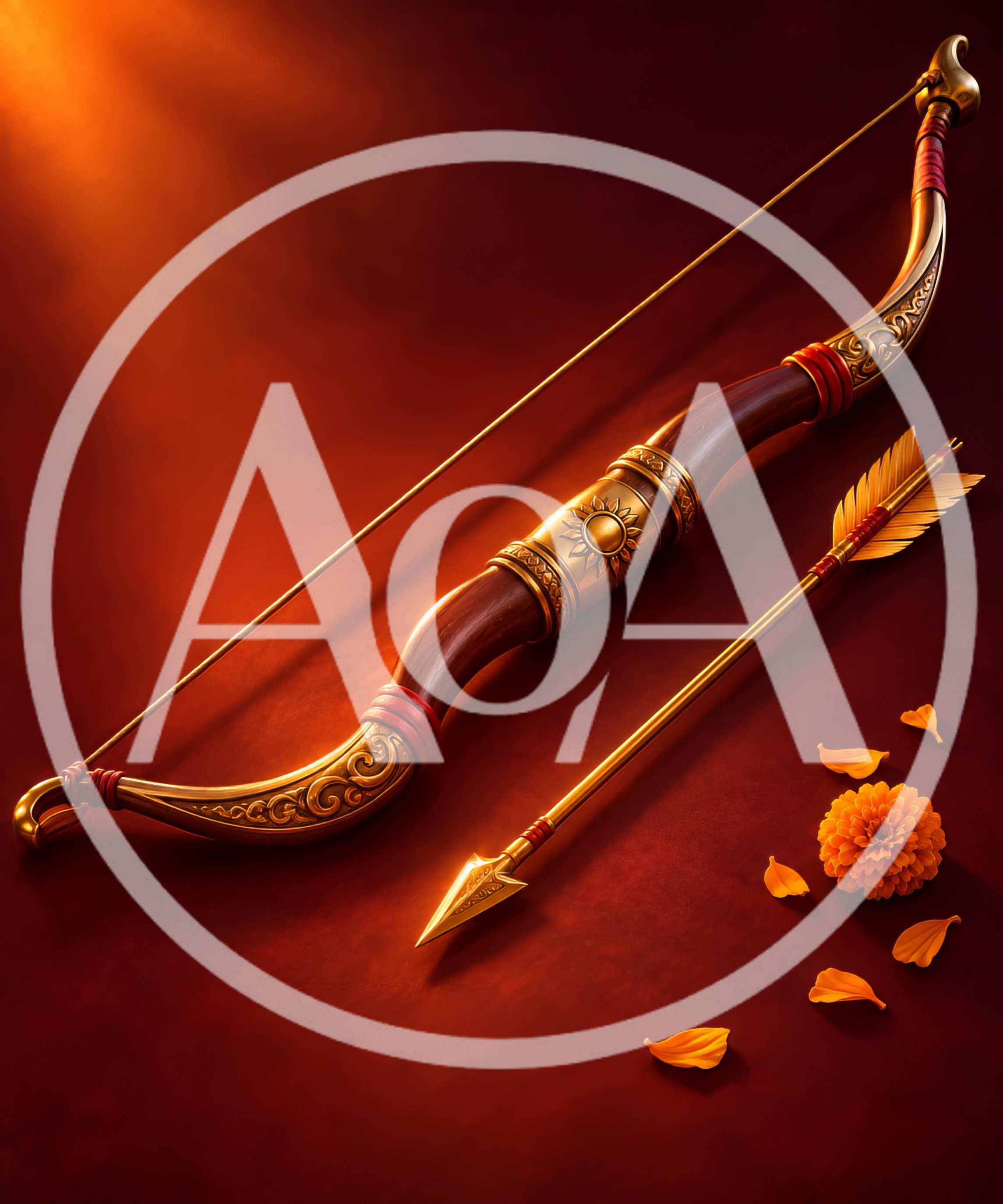 Ornate Traditional Indian Bow and Arrow with Marigold Flowers