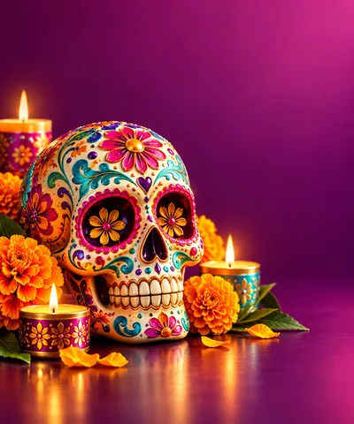 Sugar Skull With Marigolds And Candles