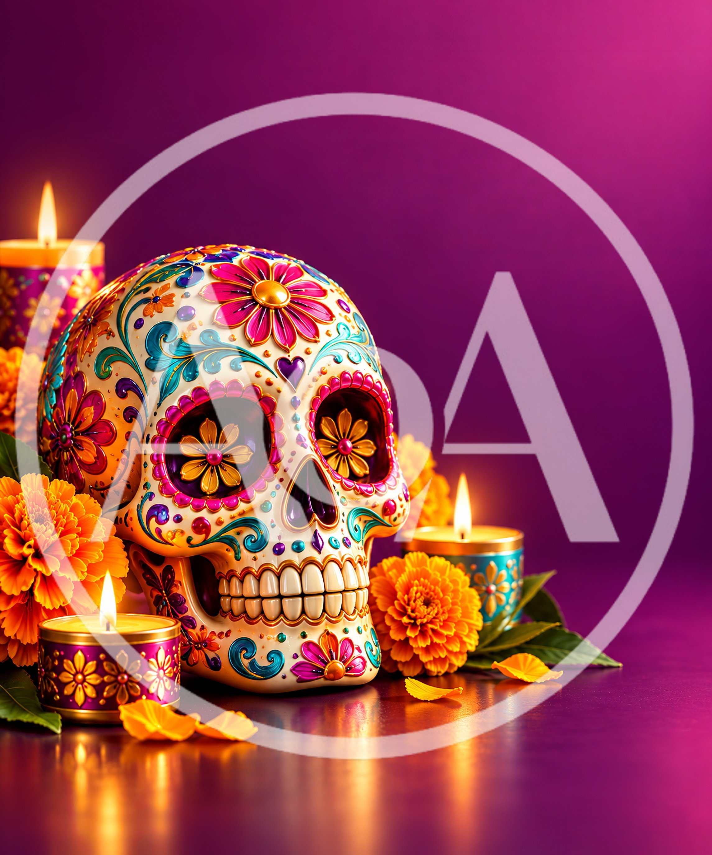 Sugar Skull With Marigolds And Candles