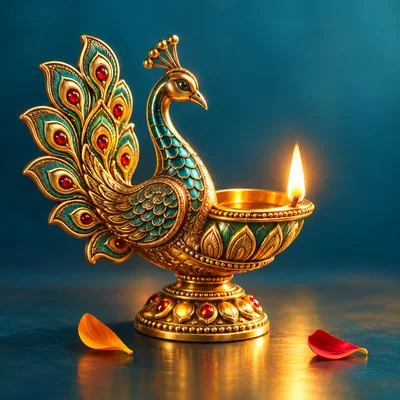 Ornate Peacock Shaped Brass Diya Oil Lamp