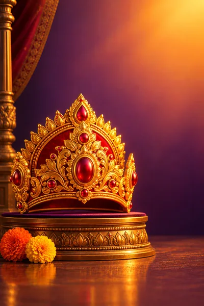 Ornate Golden Crown With Red Gemstones On Pedestal