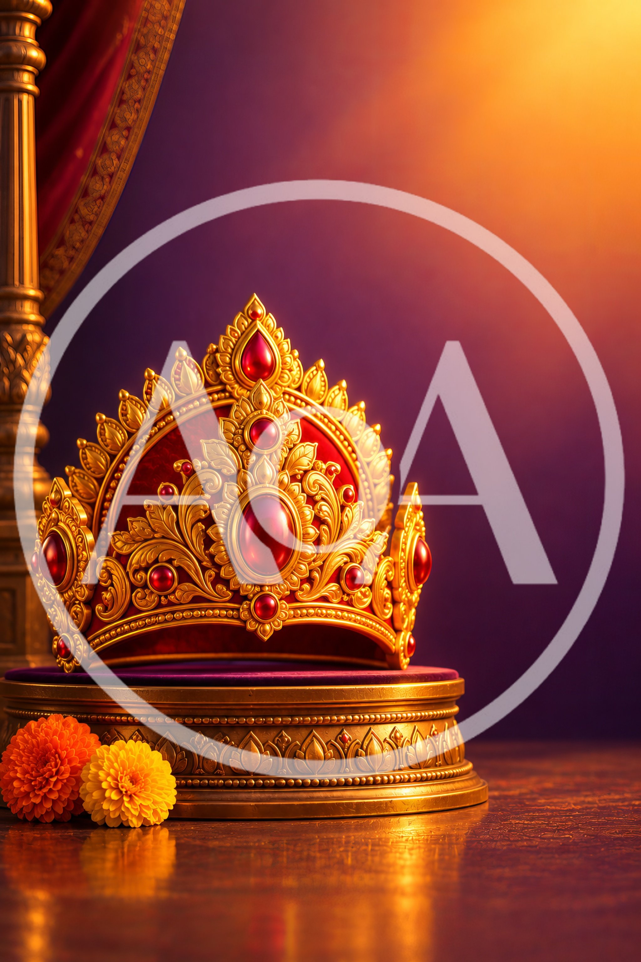 Ornate Golden Crown With Red Gemstones On Pedestal