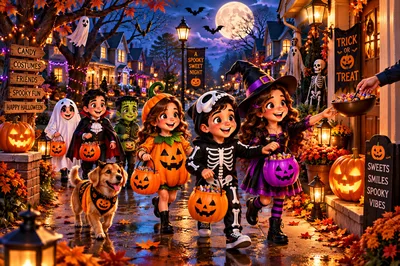 Children In Halloween Costumes Trick Or Treating