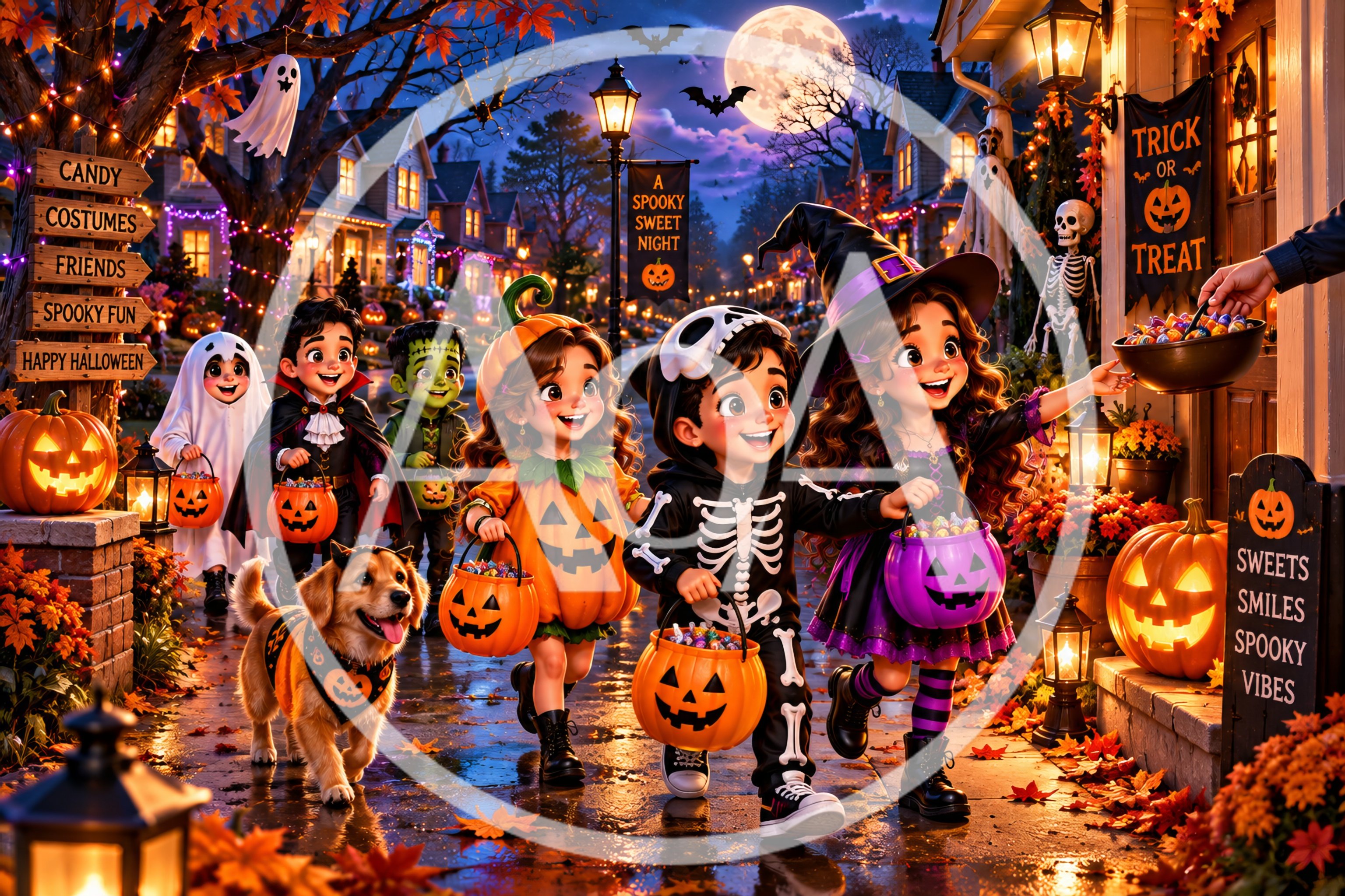 Children In Halloween Costumes Trick Or Treating