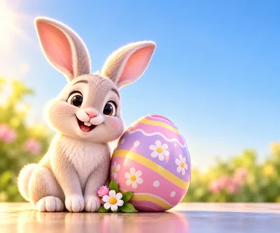 Cute Easter Bunny Sitting Next To Decorated Egg