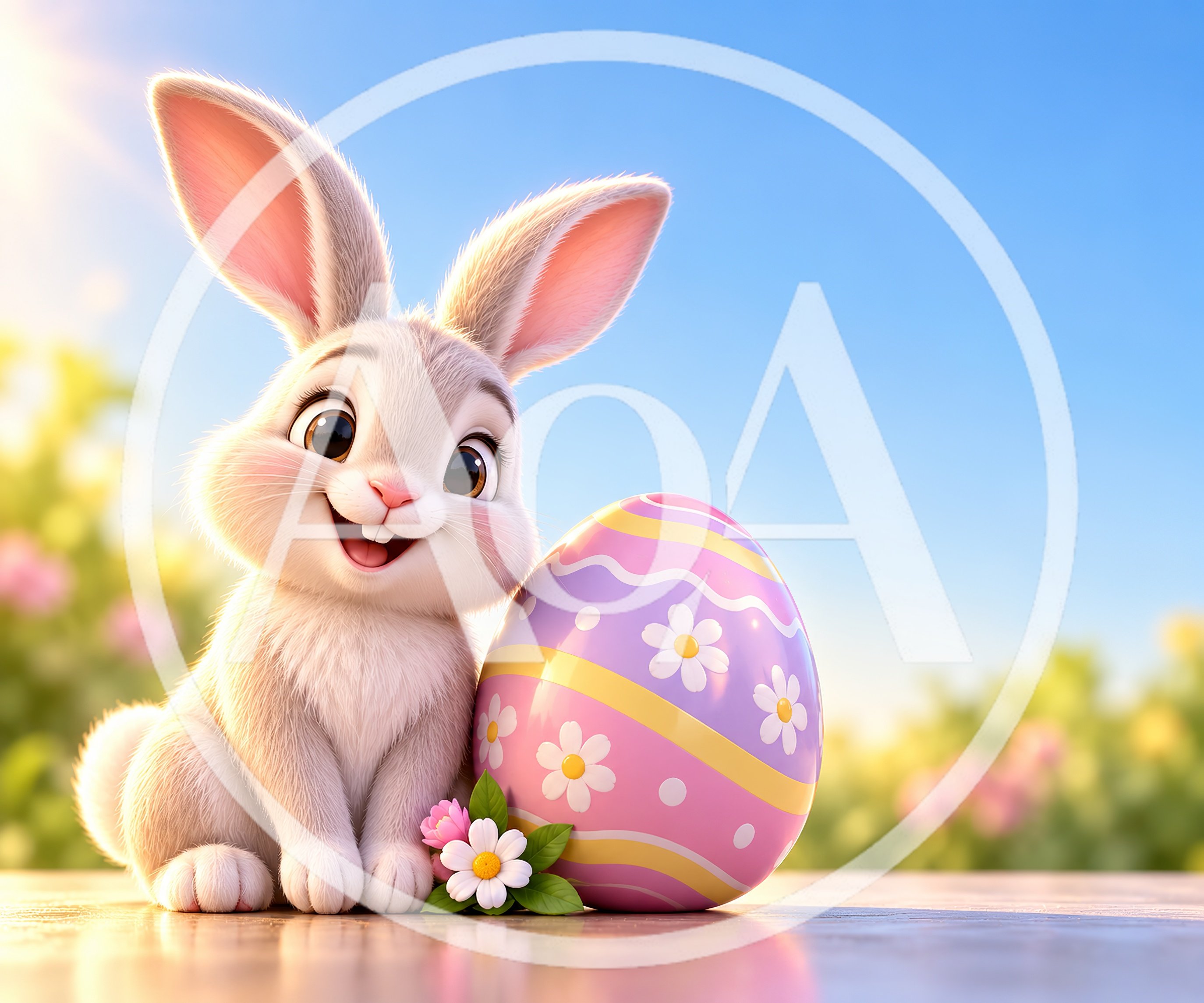 Cute Easter Bunny Sitting Next To Decorated Egg