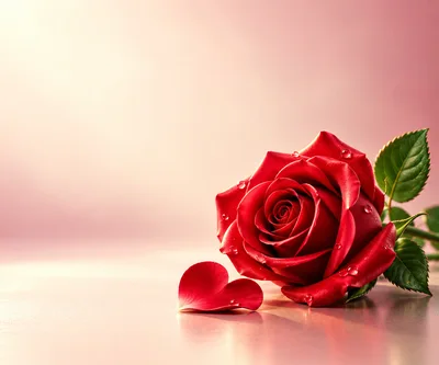 Single Red Rose With Petal On Pink Background