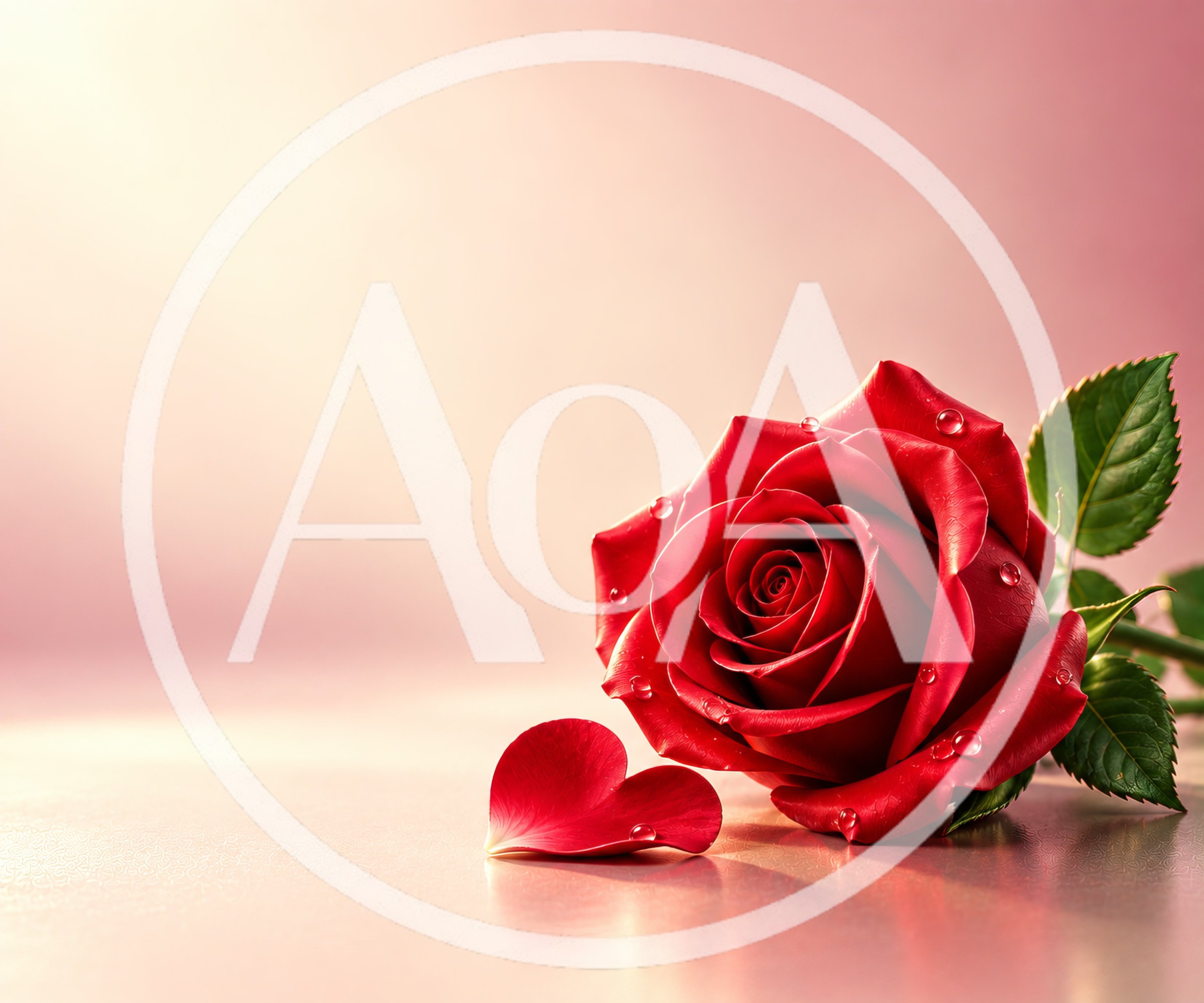 Single Red Rose With Petal On Pink Background