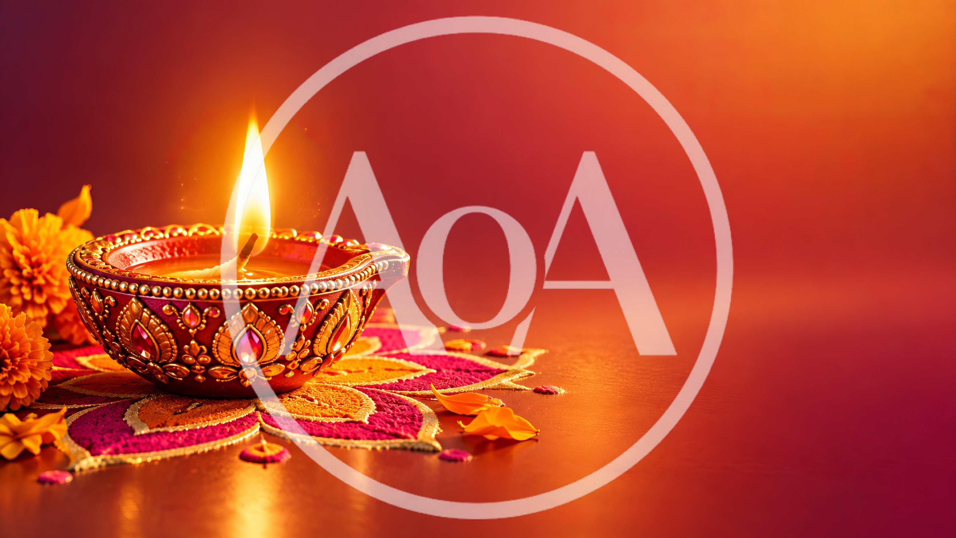 Diwali Diya Lamp With Rangoli And Marigold Flowers