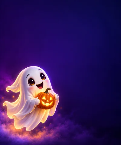 Cute Cartoon Ghost Holding A Glowing Jack O Lantern
