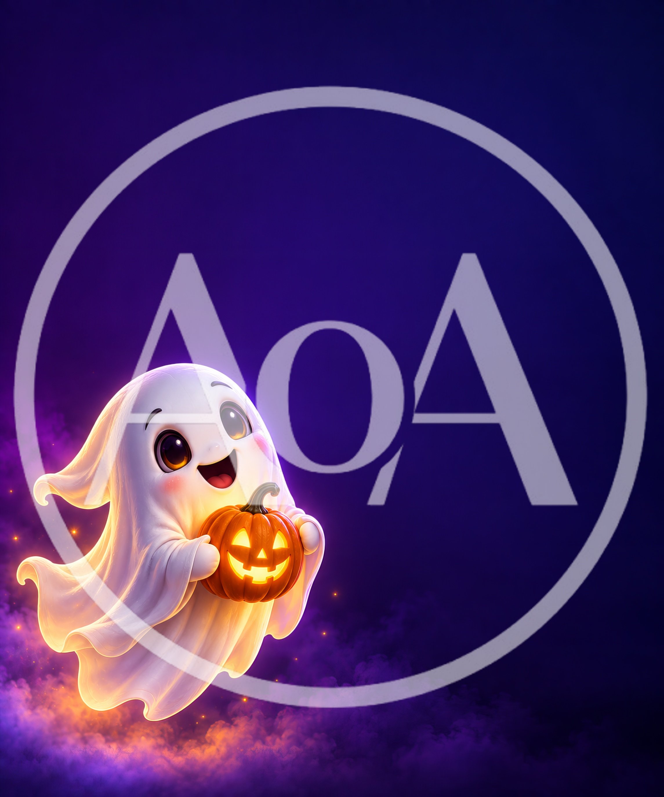 Cute Cartoon Ghost Holding A Glowing Jack O Lantern