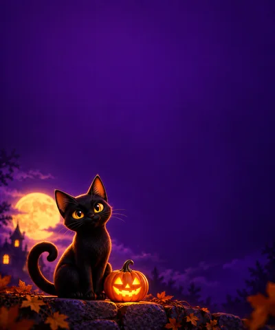 Black Cat Sitting With Jack O Lantern At Night