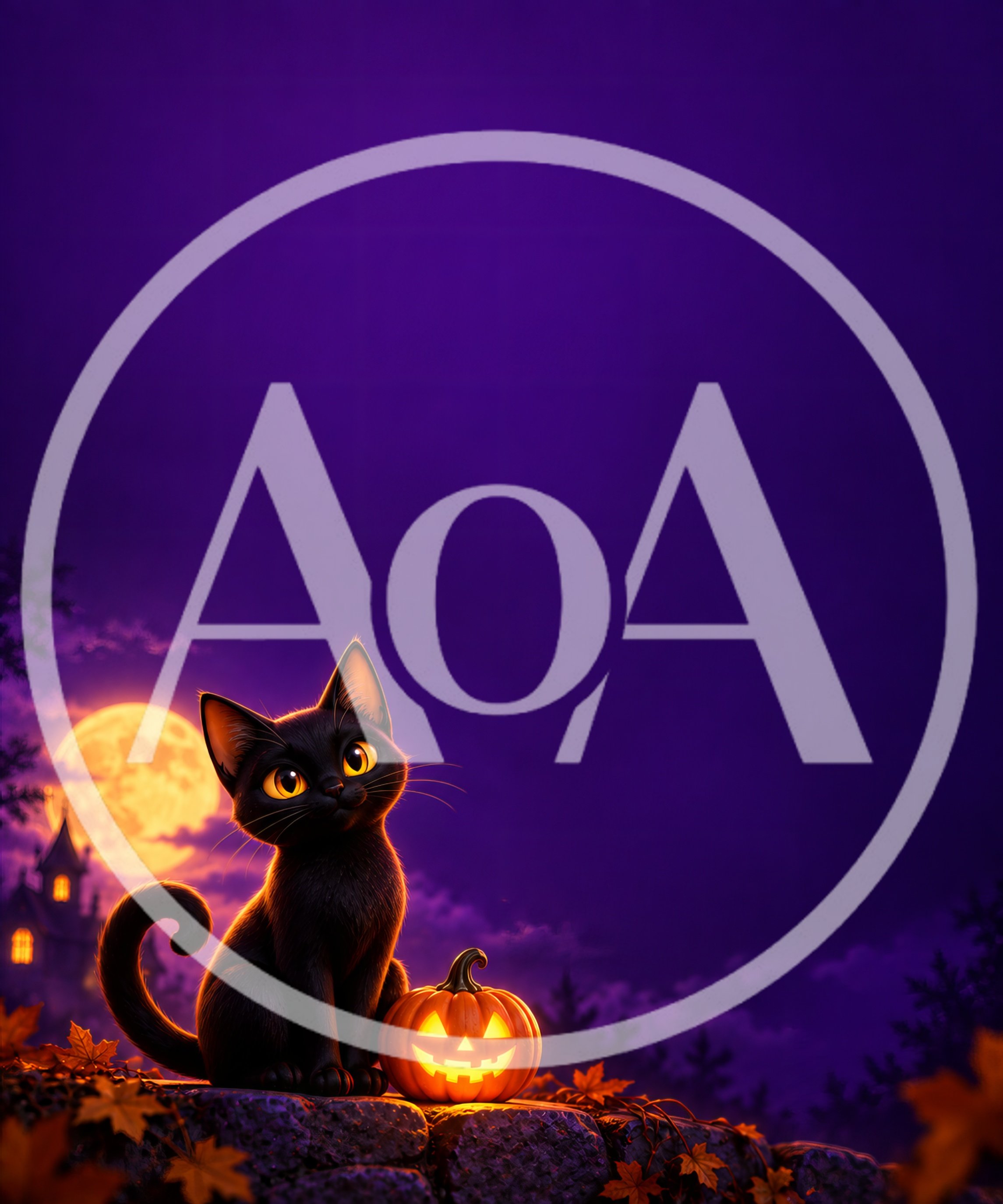 Black Cat Sitting With Jack O Lantern At Night