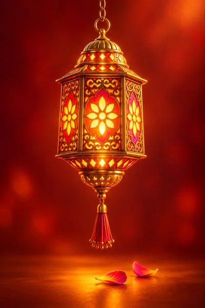 Ornate Golden Lantern Hanging With Petals On Surface
