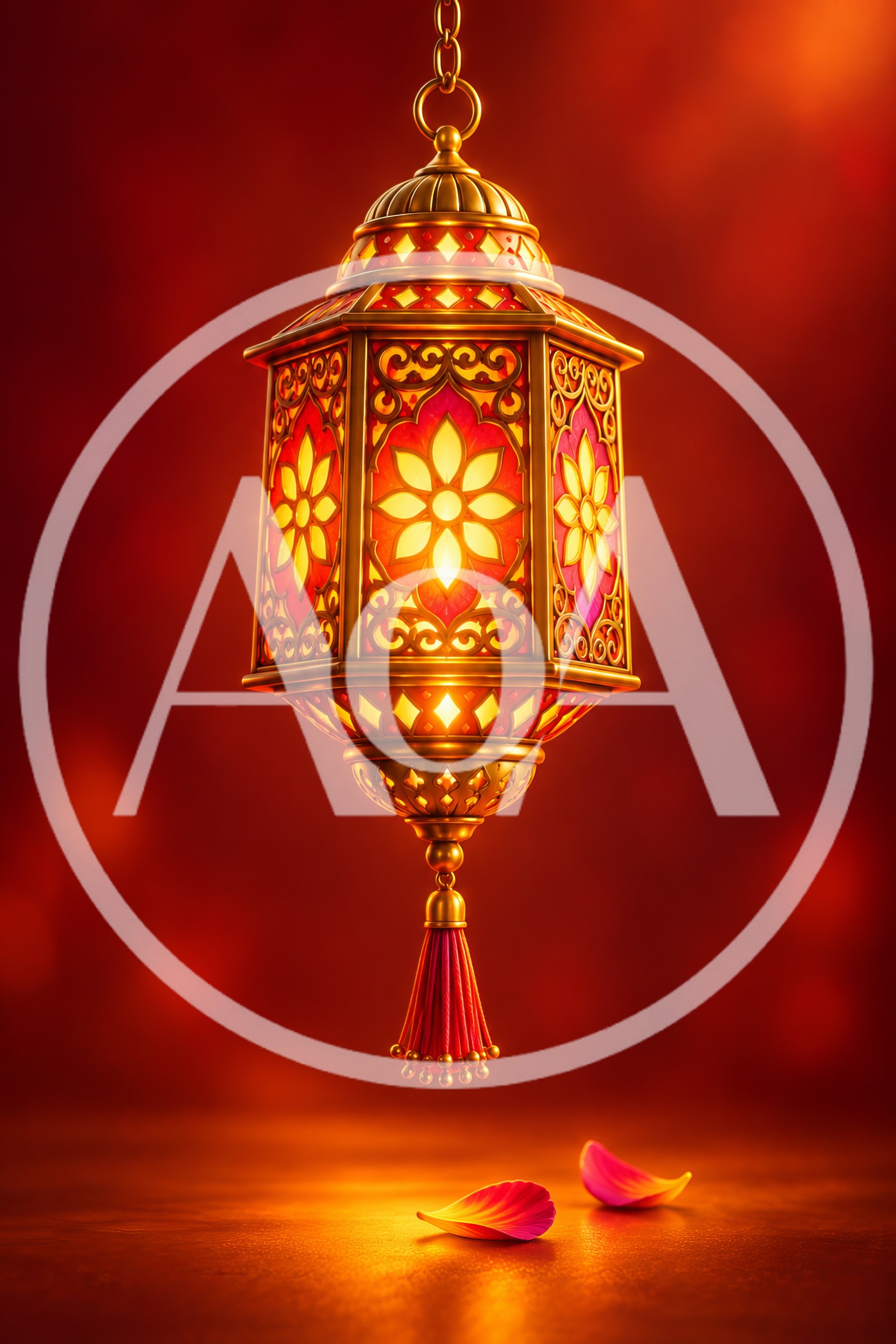 Ornate Golden Lantern Hanging With Petals On Surface