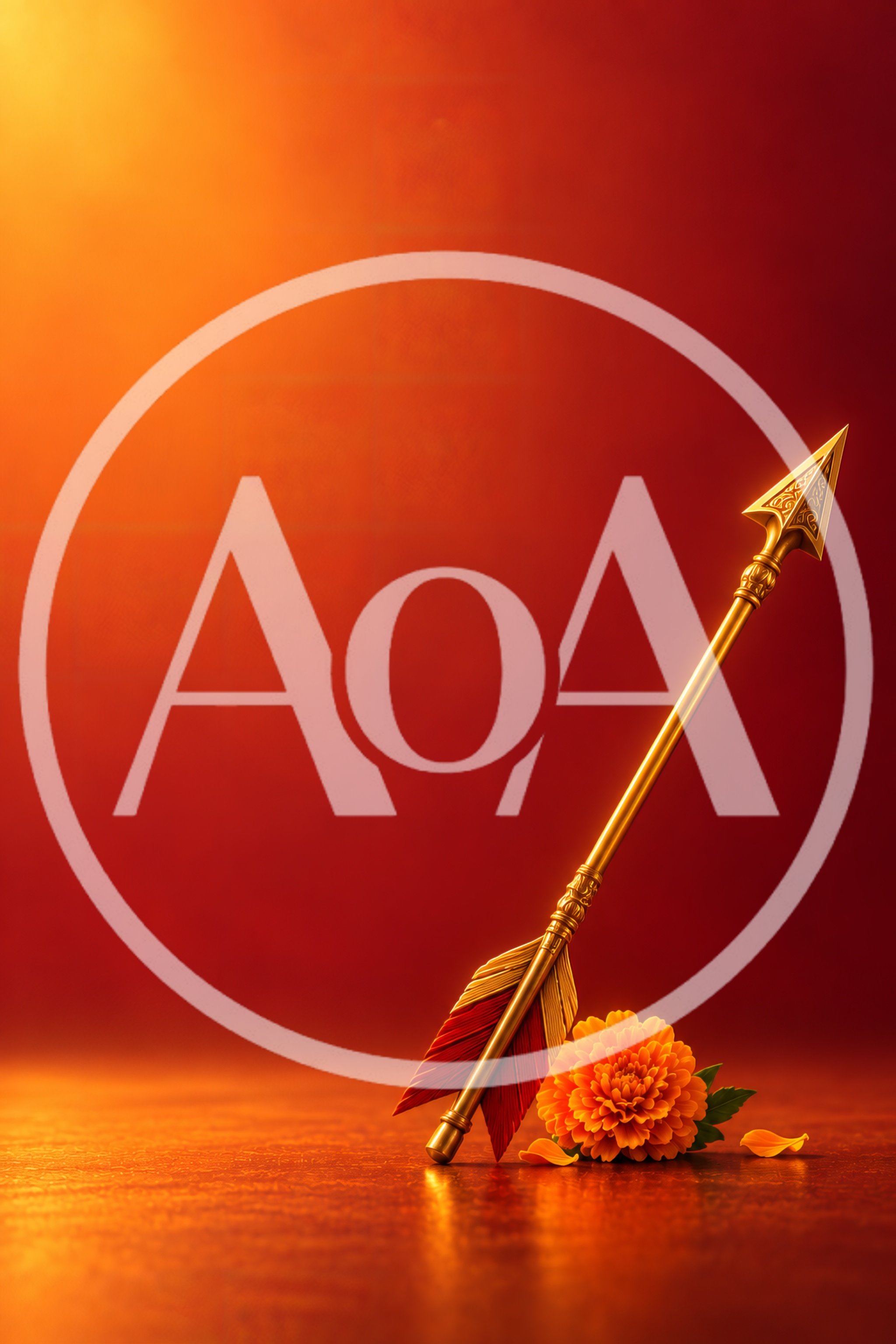 Golden Arrow With Marigold Flower On Red Background