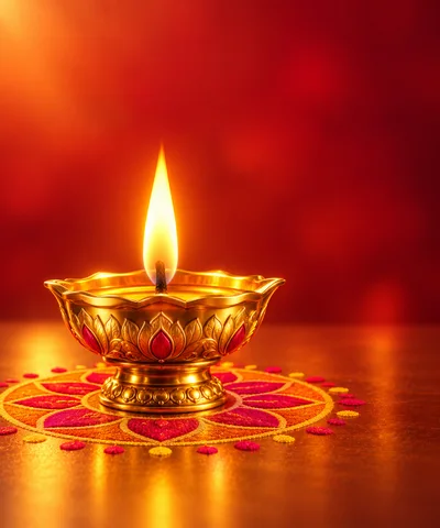 Golden Diya Lamp Lit On Traditional Rangoli Pattern