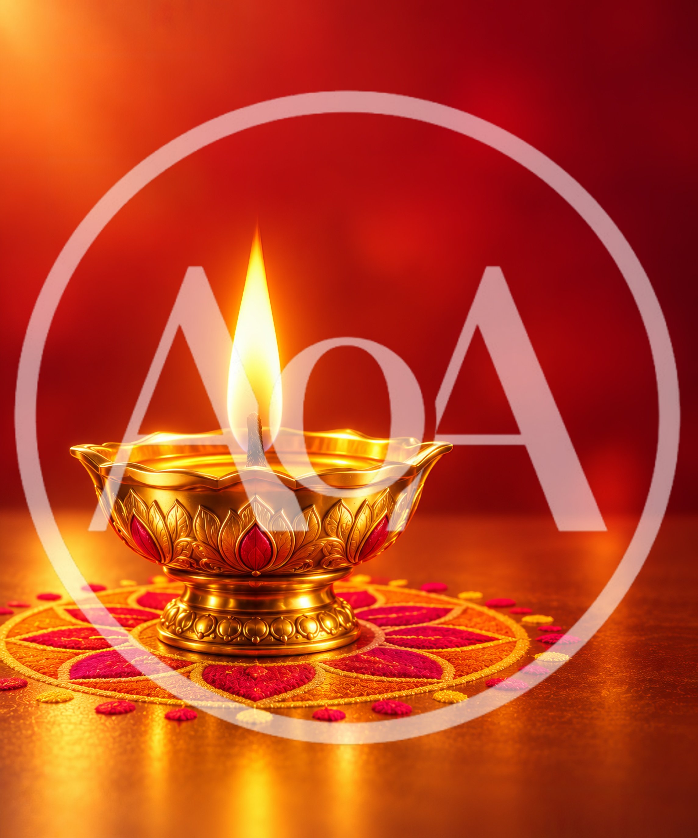 Golden Diya Lamp Lit On Traditional Rangoli Pattern