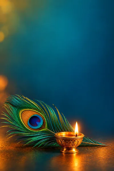 Lit Diya Lamp With Peacock Feather On Textured Surface