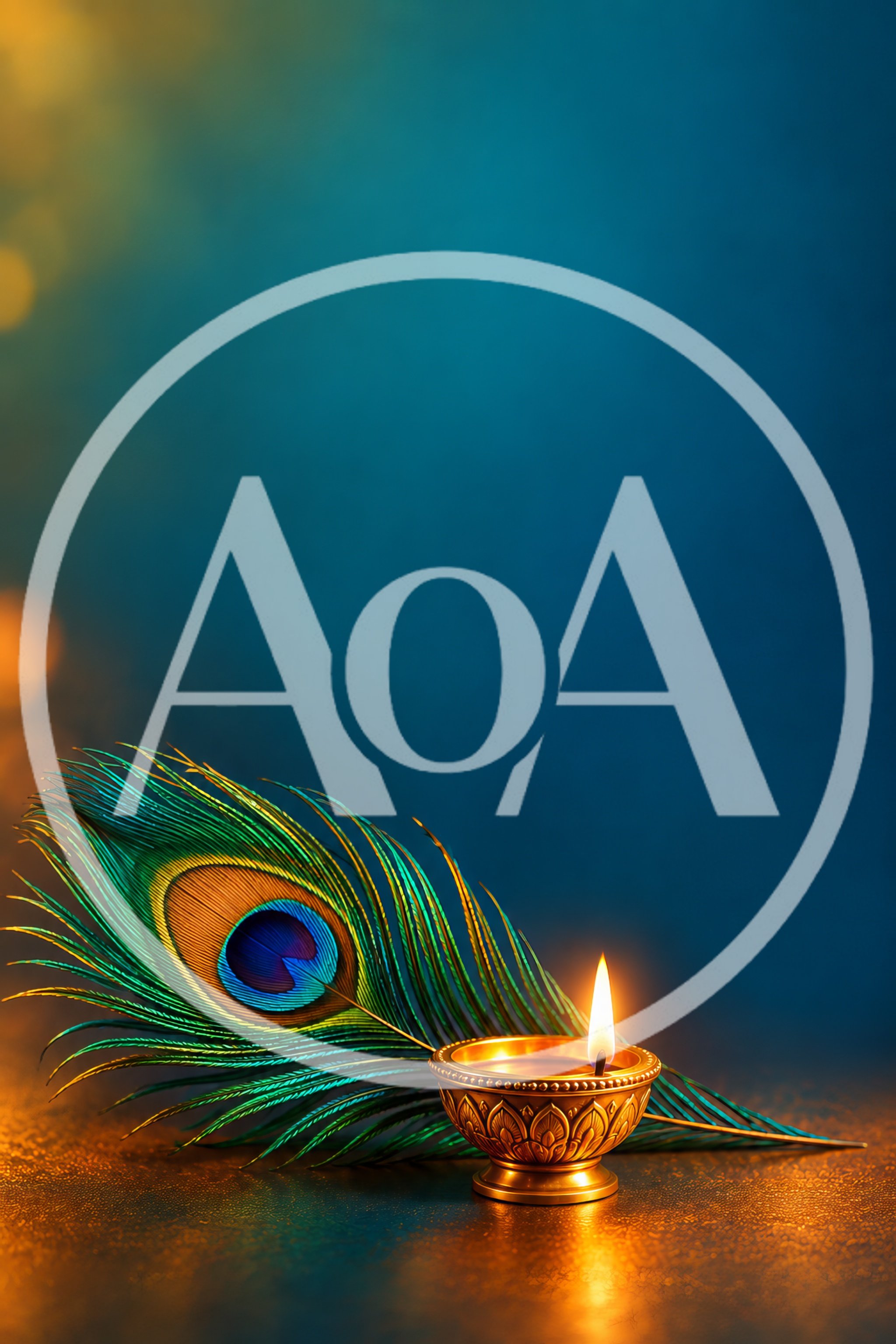 Lit Diya Lamp With Peacock Feather On Textured Surface