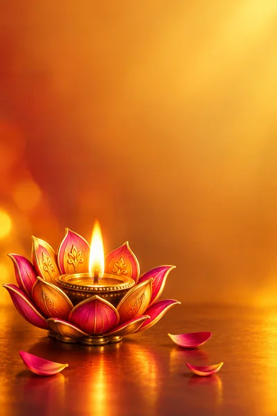 Diwali Lotus Diya Lamp With Glowing Flame