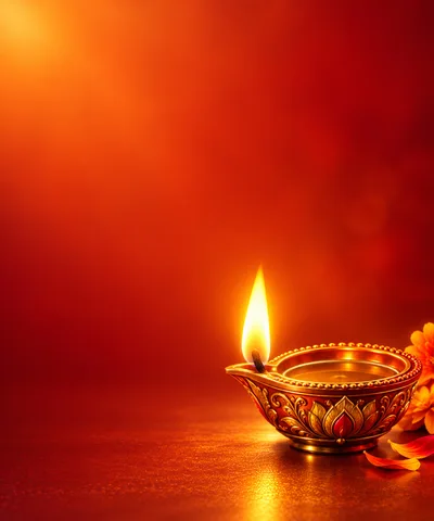 Diwali Oil Lamp With Glowing Flame On Red Background