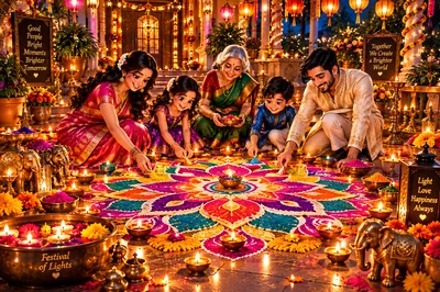 Indian Family Creating Rangoli for Diwali Celebration