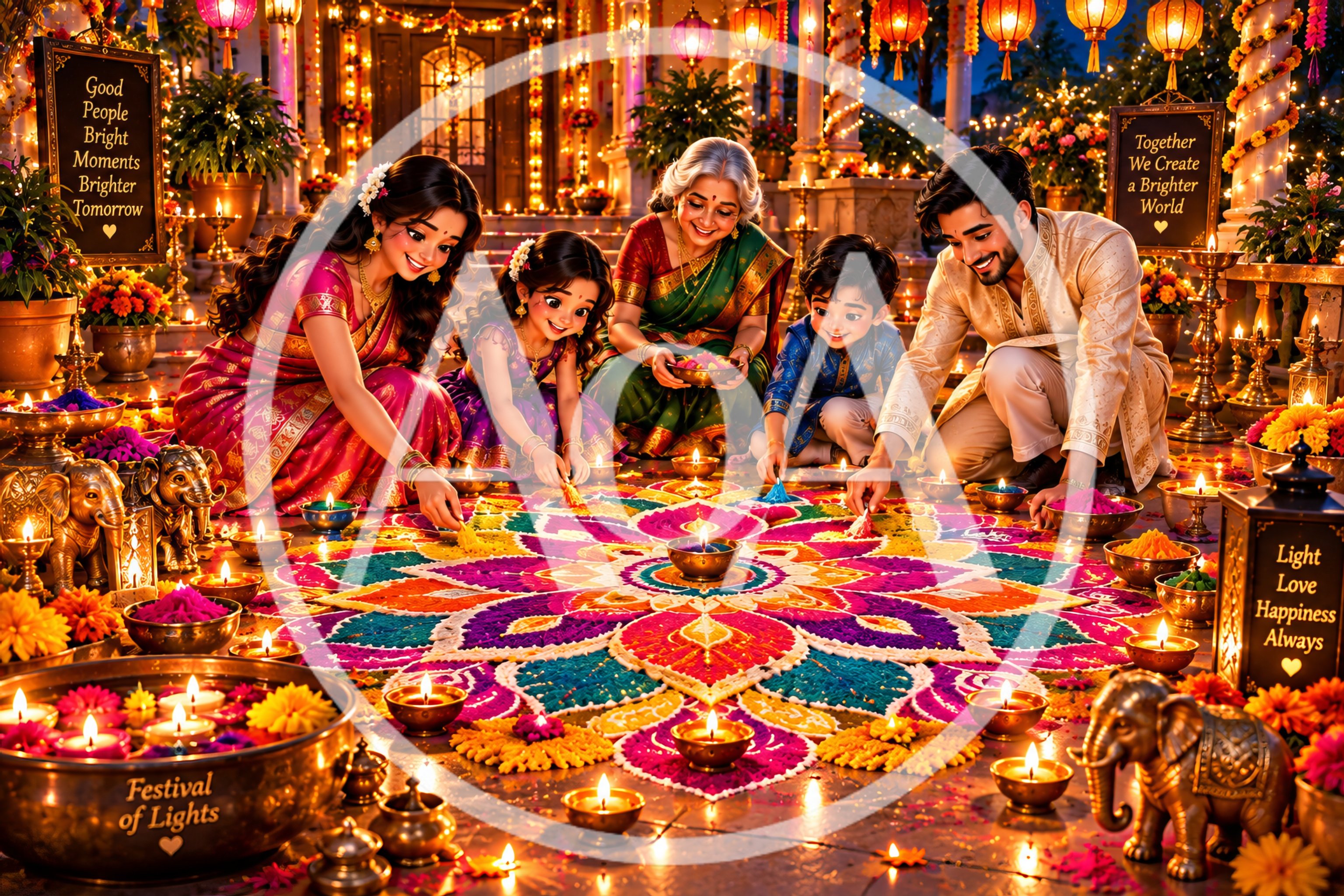 Indian Family Creating Rangoli for Diwali Celebration