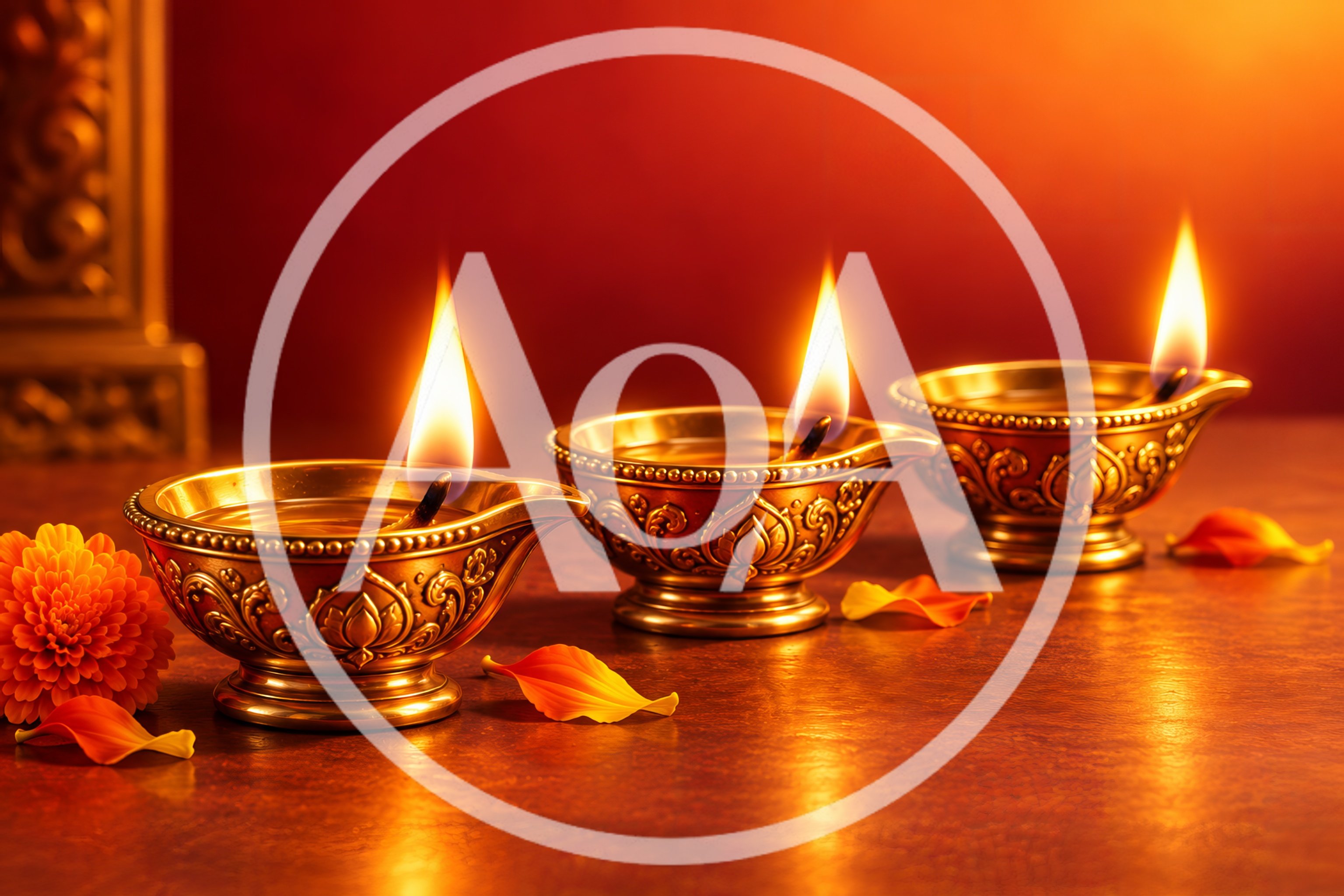 Three Traditional Brass Oil Lamps Lit For Diwali