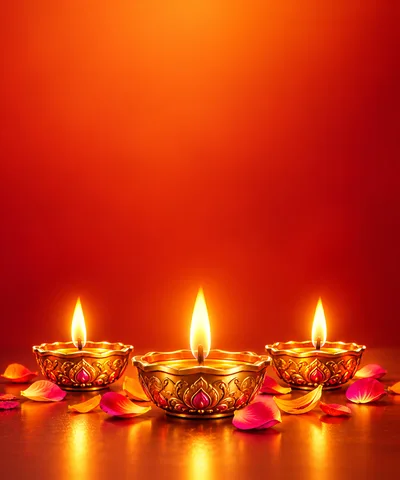 Three Lit Diya Lamps With Flower Petals