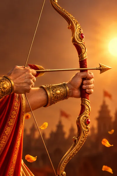 Close Up Of An Archer Holding A Golden Bow