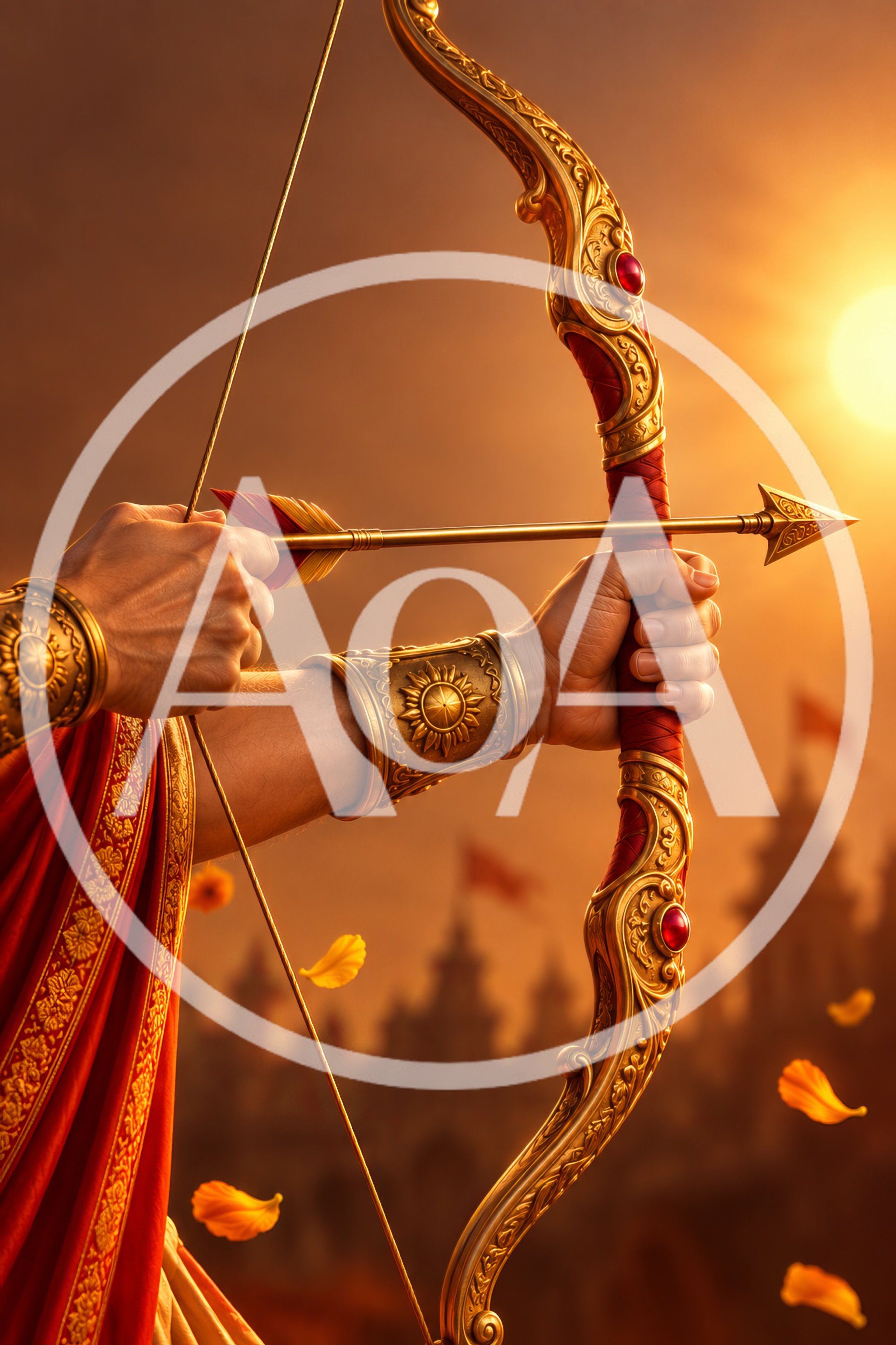 Close Up Of An Archer Holding A Golden Bow