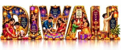 Diwali Festival Celebration With Families And Decorative Typography