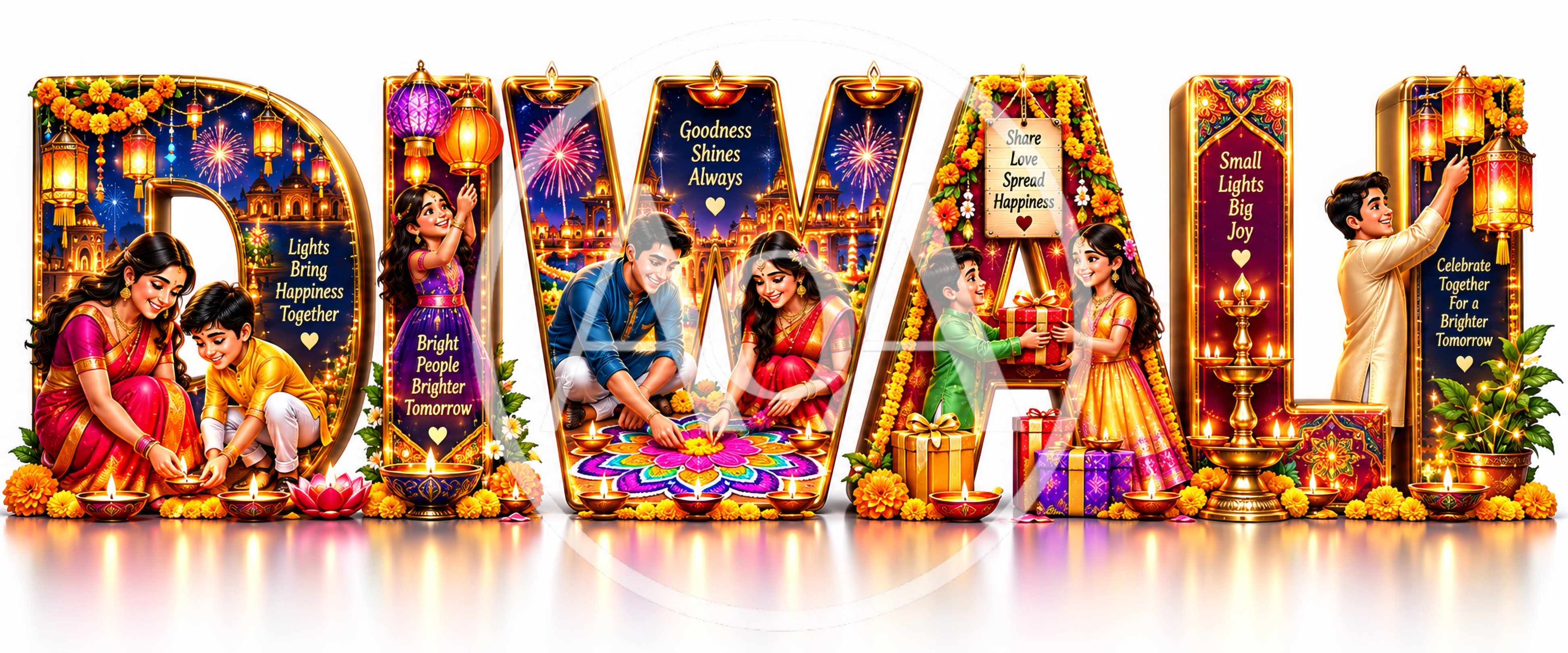 Diwali Festival Celebration With Families And Decorative Typography