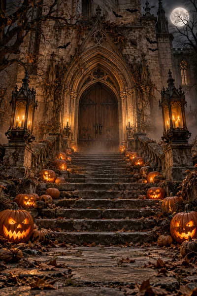 Gothic Castle Entrance Decorated With Glowing Halloween Pumpkins