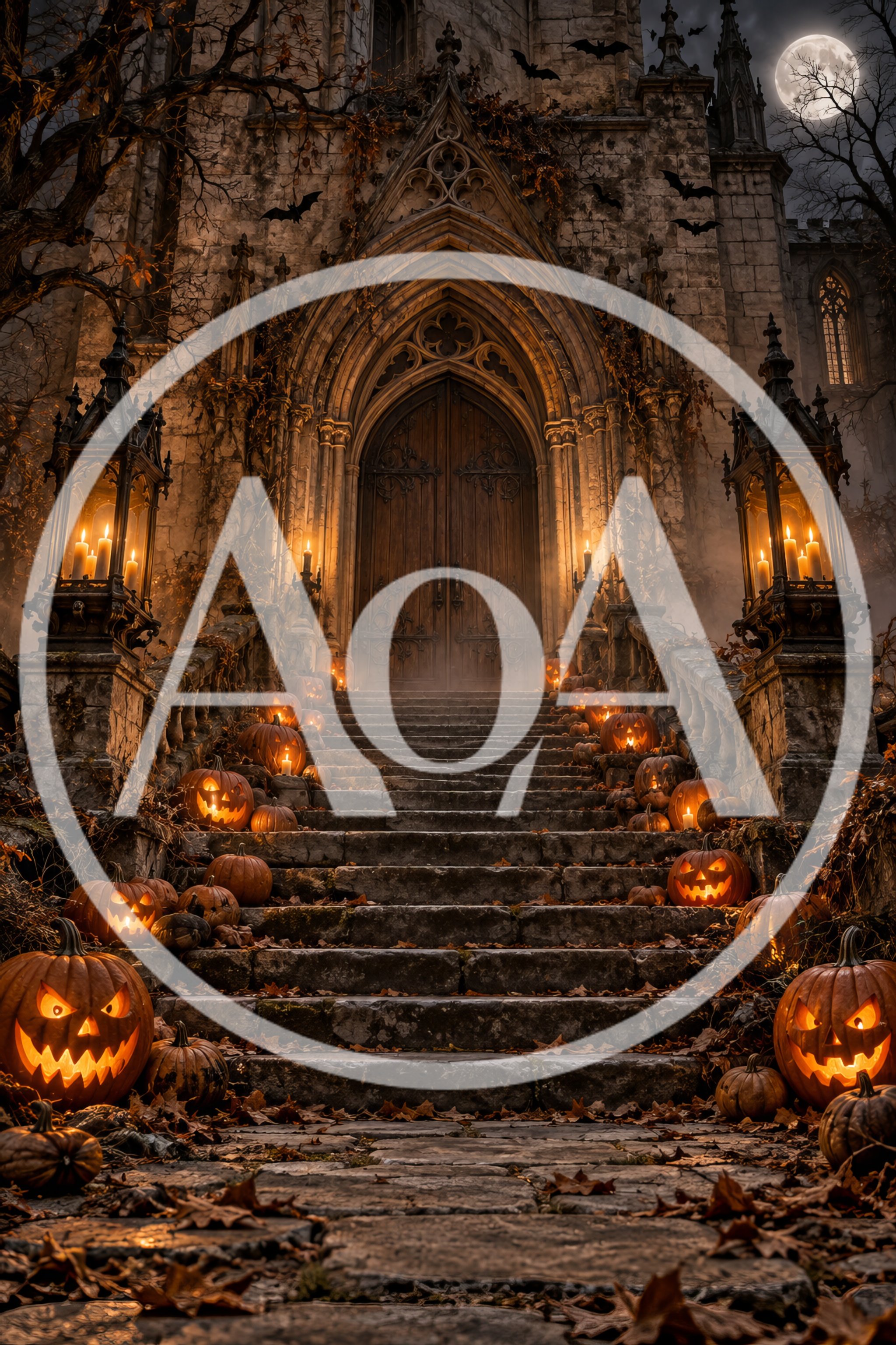 Gothic Castle Entrance Decorated With Glowing Halloween Pumpkins