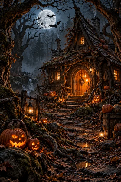 Spooky Halloween Cottage With Glowing Jack O Lanterns