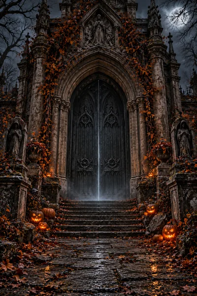 Gothic Mausoleum Entrance With Glowing Jack O Lanterns