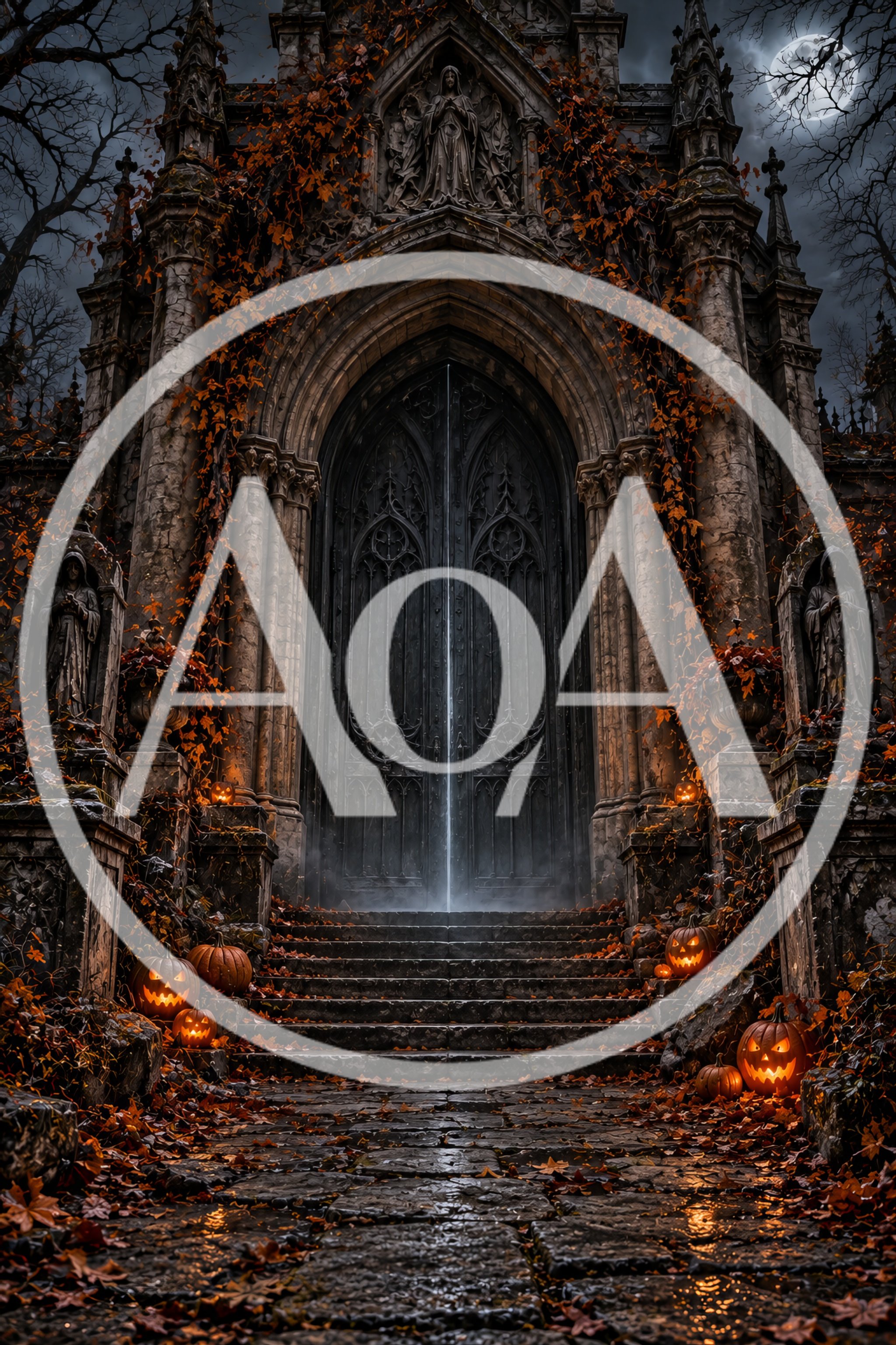 Gothic Mausoleum Entrance With Glowing Jack O Lanterns