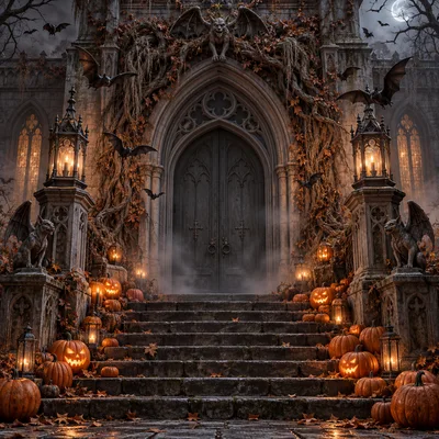Gothic Mansion Entrance Decorated For Halloween