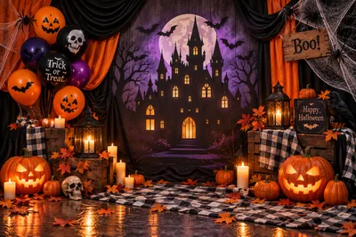 Halloween Party Decoration Setup With Pumpkins And Haunted Castle